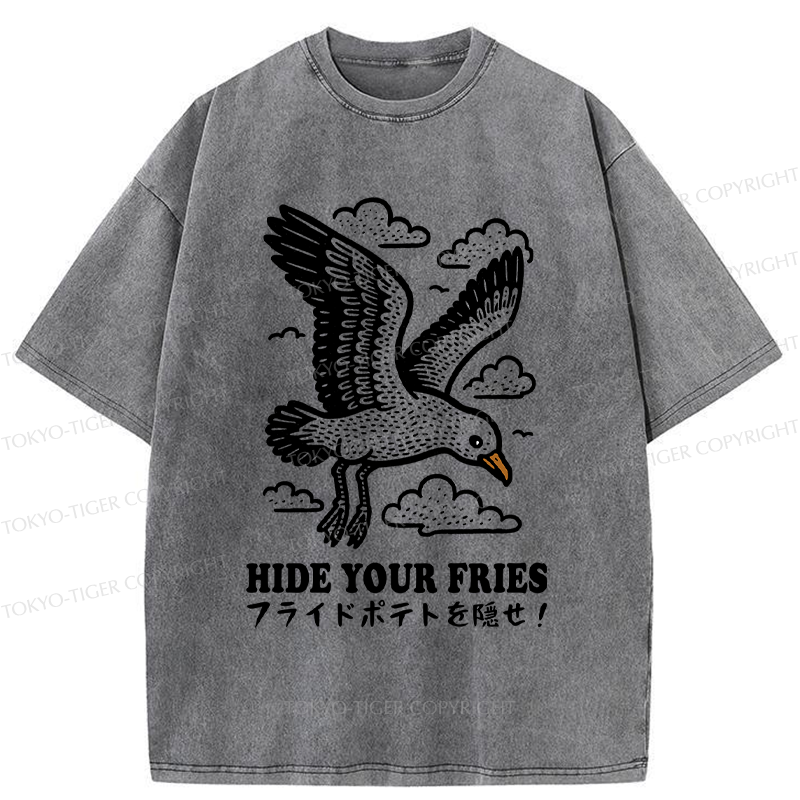 Tokyo-Tiger Funny Seagulls Stealing French Fries Washed T-Shirt