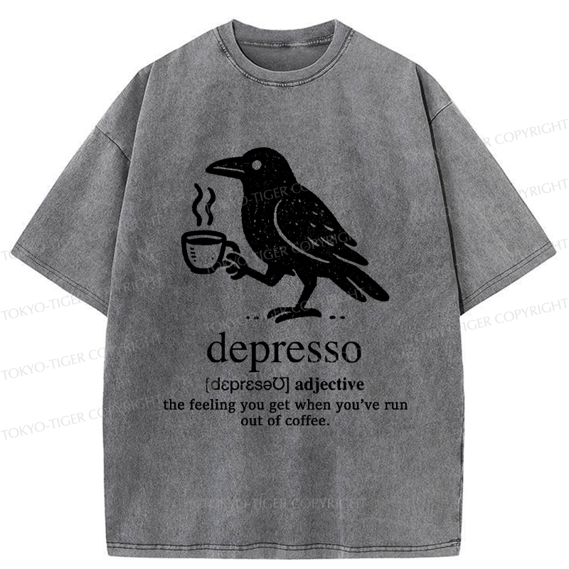Tokyo-Tiger Funny  Crow Coffee Depresso Woodblock Washed T-Shirt