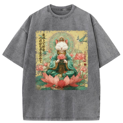 Tokyo-Tiger Lotus Whisper Cat:Calm Reflections Washed T-Shirt