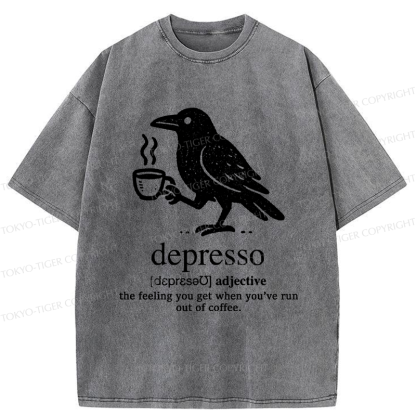 Tokyo-Tiger Funny  Crow Coffee Depresso Woodblock Washed T-Shirt