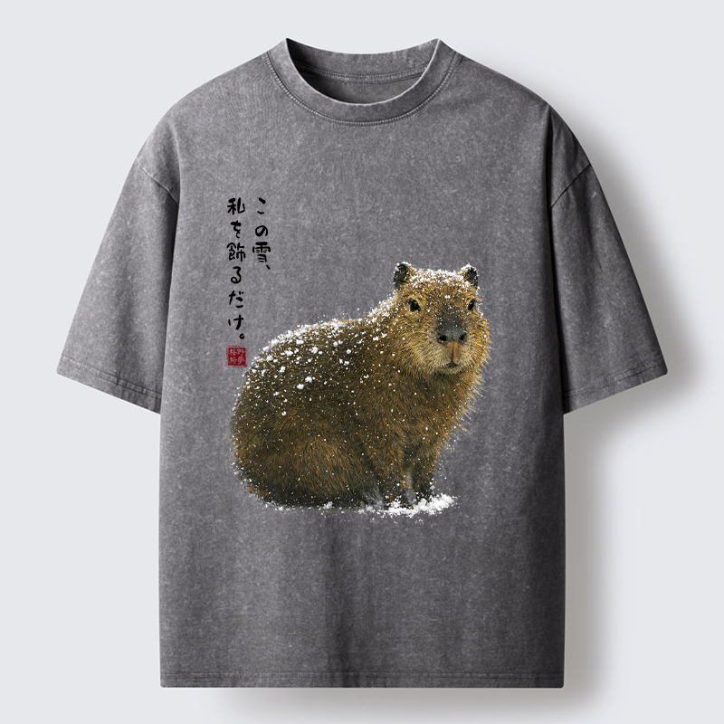 Tokyo-Tiger Snow Adorns Me: Capybara Serenity Washed T-Shirt