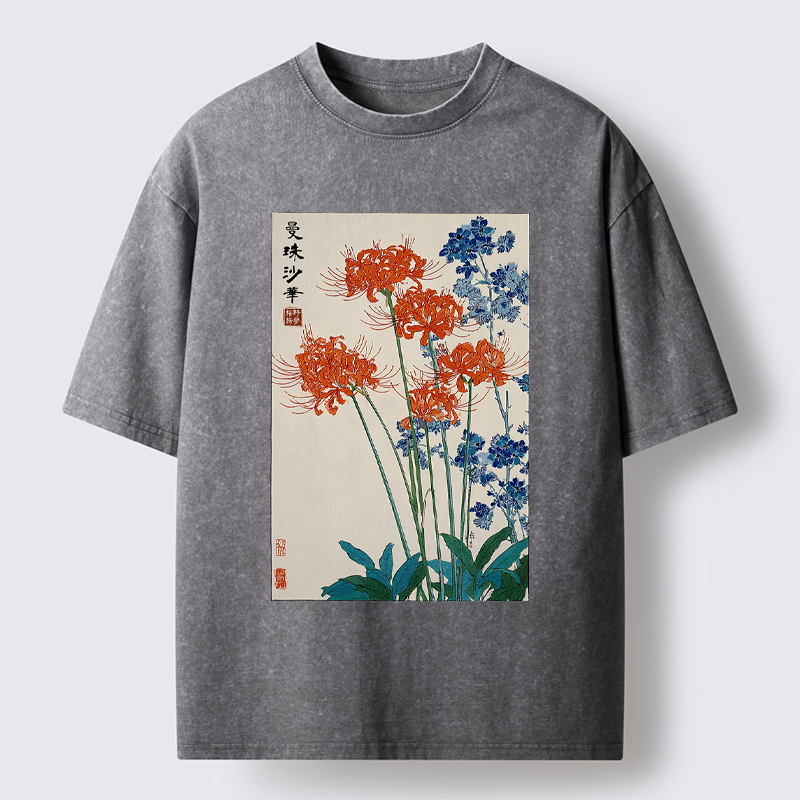 Tokyo-Tiger Red Spider Lily Bloom Washed T-Shirt