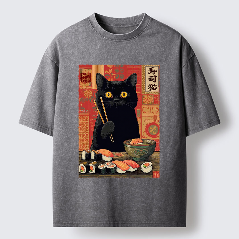 Tokyo-Tiger Neko Eats Sushi Washed T-Shirt
