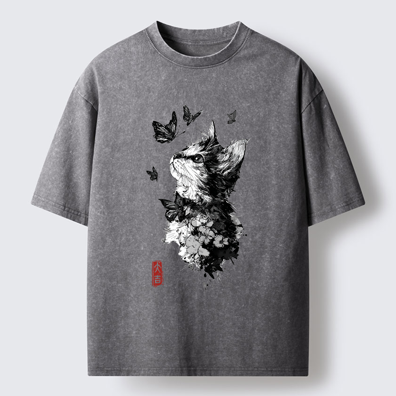 Tokyo-Tiger Butterfly and Cat Gaze Washed T-Shirt