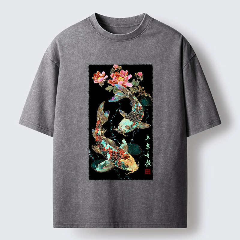 Tokyo-Tiger Everlasting Abundance:Koi & Peony Washed T-Shirt