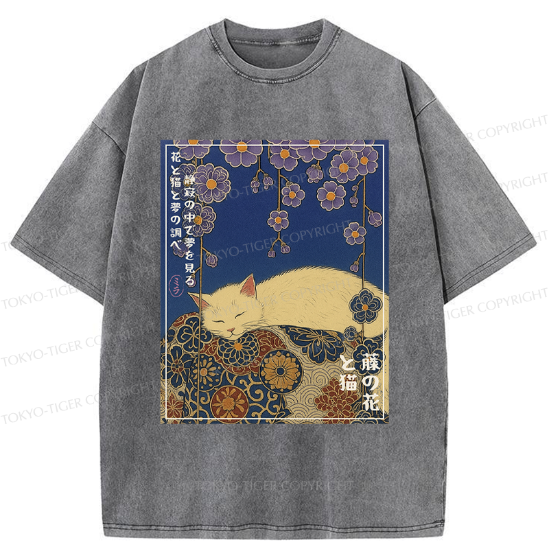 Tokyo-Tiger Ukiyoe Wisteria Flowers and Cats Washed T-Shirt