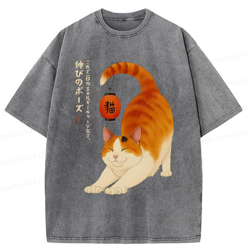 Tokyo-Tiger Funny Cat Yoga Energy Charging Washed T-Shirt