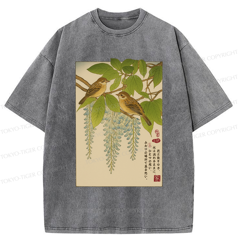 Tokyo-Tiger Ukiyoe Bird on the wisteria treetop Washed T-Shirt