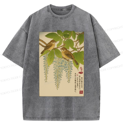 Tokyo-Tiger Ukiyoe Bird on the wisteria treetop Washed T-Shirt