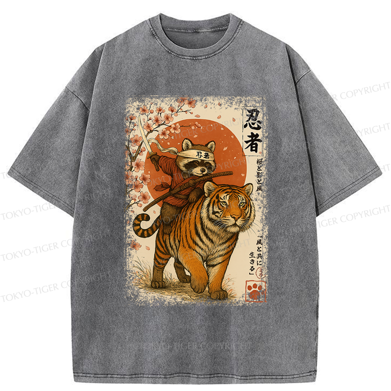 Tokyo-Tiger Ukiyoe Raccoon Samurai Riding a Tiger Washed T-Shirt