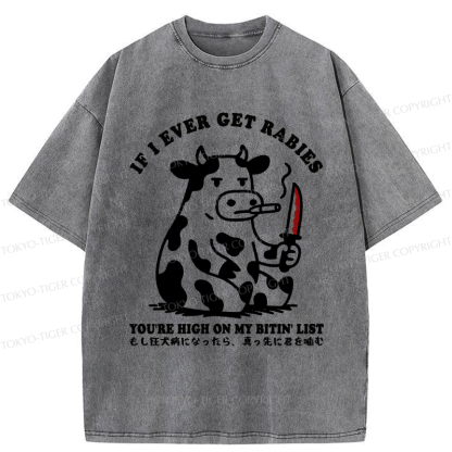 Tokyo-Tiger Funny On The Cow's Bite List Washed T-Shirt