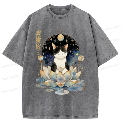 Tokyo-Tiger Funny Cat Lotus Zen Auspiciousness Washed T-Shirt