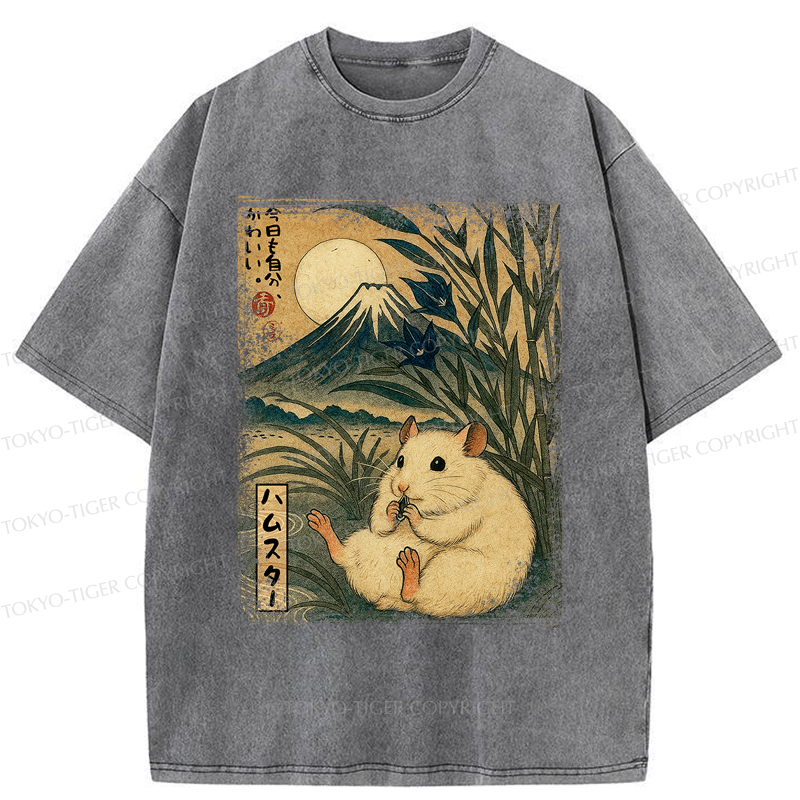 Tokyo-Tiger Funny Hamster Mount Fuji Flower meme Washed T-Shirt