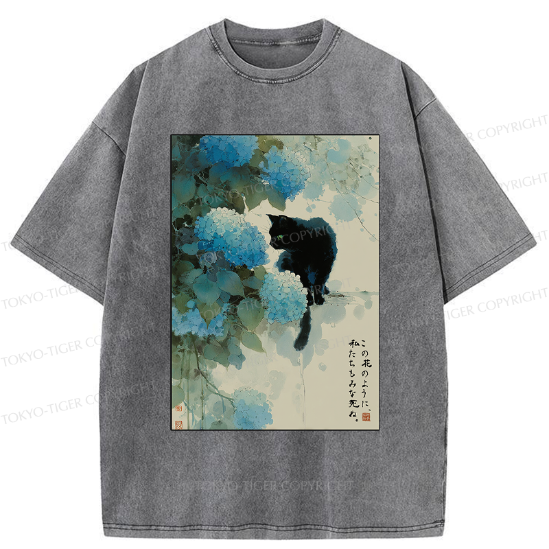 Tokyo-Tiger Like This Flower, We All Die-Hydrangea&Cat Washed T-Shirt