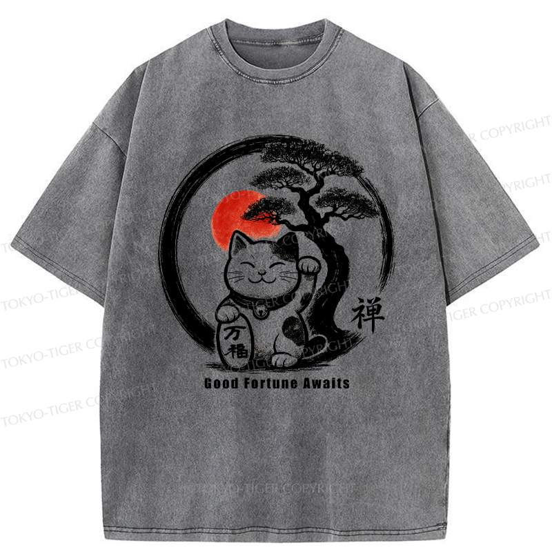 Tokyo-Tiger Lucky Maneki-Neko Zen Washed T-Shirt