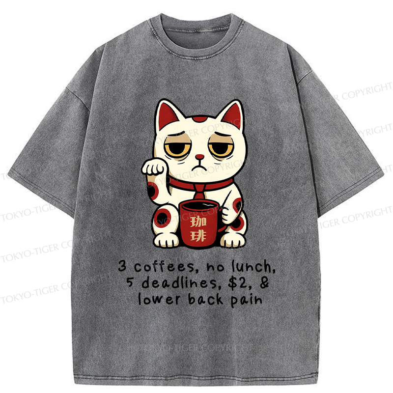 Tokyo-Tiger Funny Workaholic Lucky Cat Washed T-Shirt