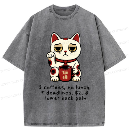 Tokyo-Tiger Funny Workaholic Lucky Cat Washed T-Shirt