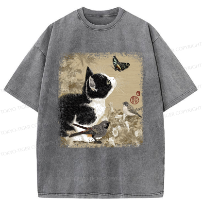 Tokyo-Tiger Cat and Butterfly: A Playful Encounter Washed T-Shirt