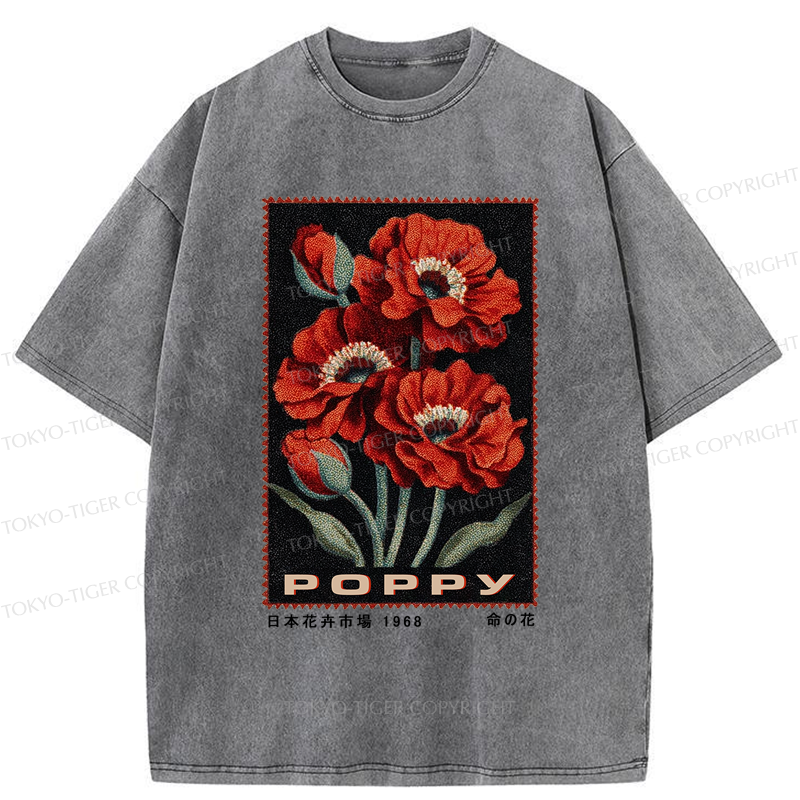 Tokyo-Tiger Timeless Poppy Stamp Washed T-Shirt