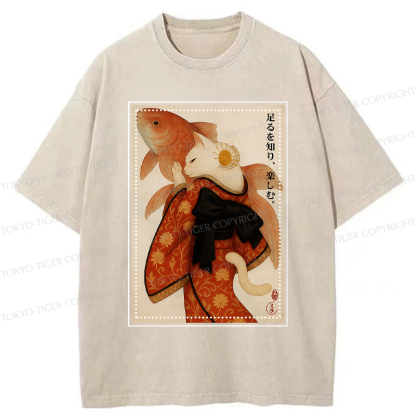 Tokyo-Tiger Japanese Ukiyoe Cat And Fish Poster Washed T-Shirt