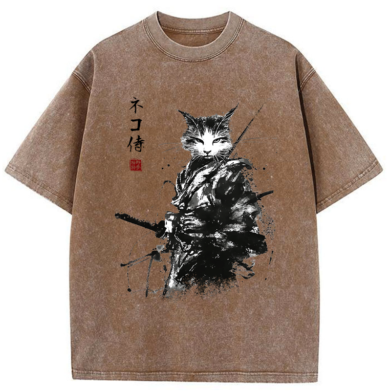 Tokyo-Tiger Inkblade Samurai Cat Washed T-Shirt