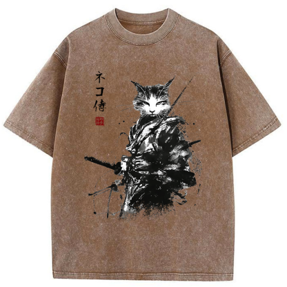 Tokyo-Tiger Inkblade Samurai Cat Washed T-Shirt