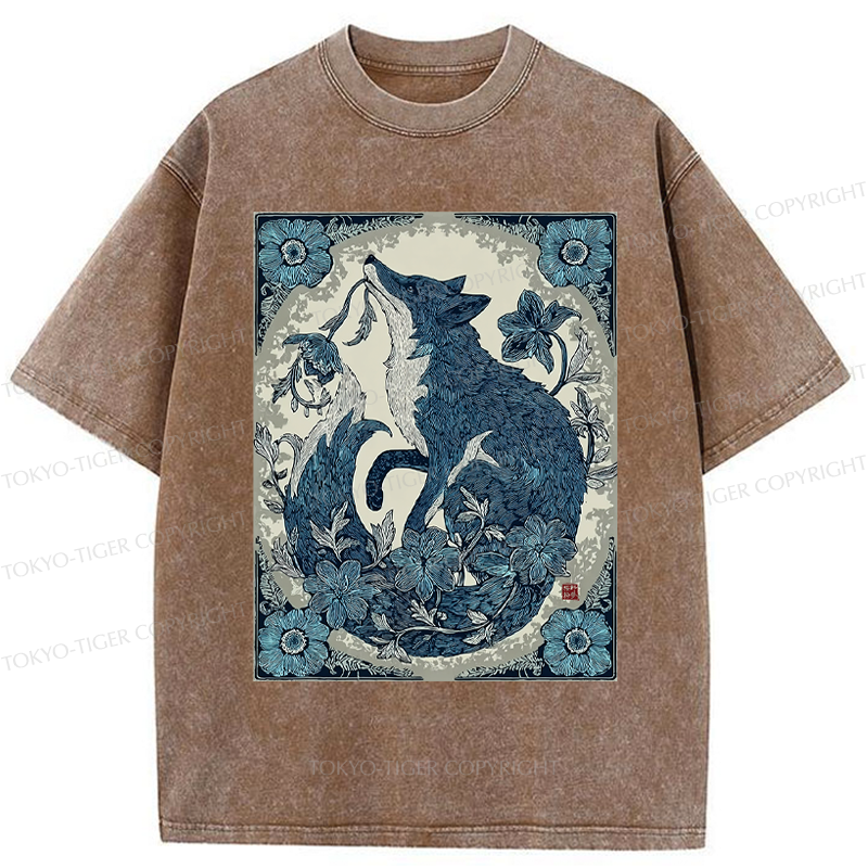 Tokyo-Tiger Floral Fox Aesthetic Washed T-Shirt
