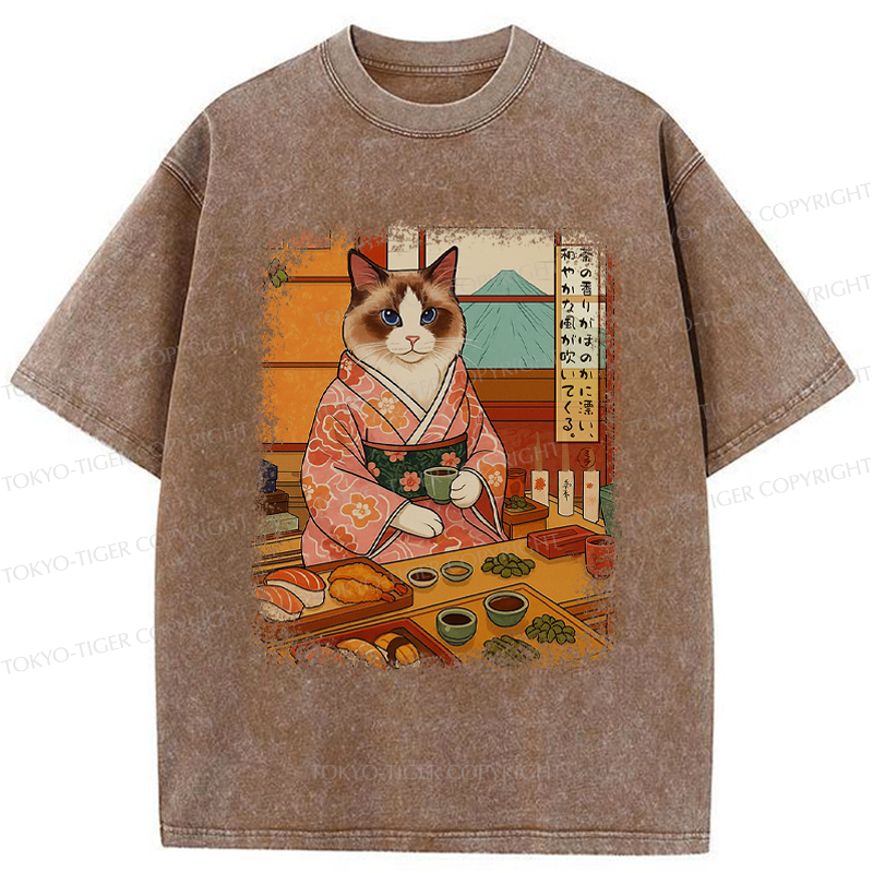 Tokyo-Tiger Ukiyoe Japanese Cat Princess Teahouse Washed T-Shirt