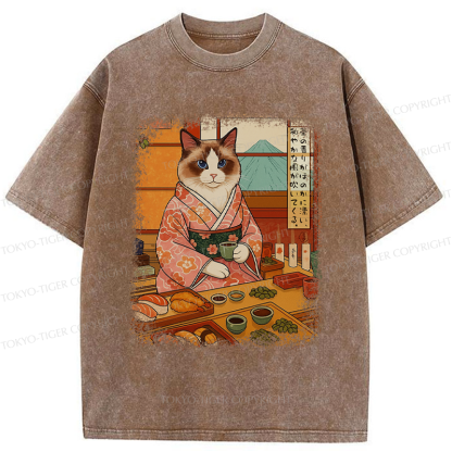 Tokyo-Tiger Ukiyoe Japanese Cat Princess Teahouse Washed T-Shirt