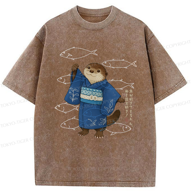 Tokyo-Tiger Funny Ukiyoe Otter and Fish Washed T-Shirt
