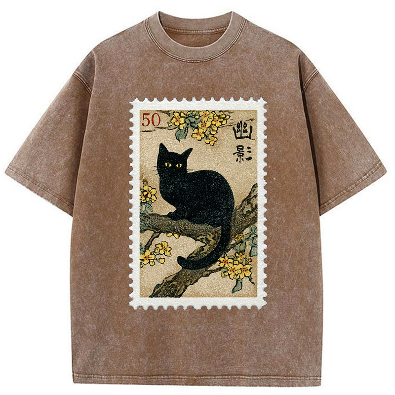 Tokyo-Tiger Golden Blossom Black Cat Post Washed T-Shirt