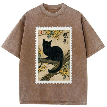 Tokyo-Tiger Golden Blossom Black Cat Post Washed T-Shirt