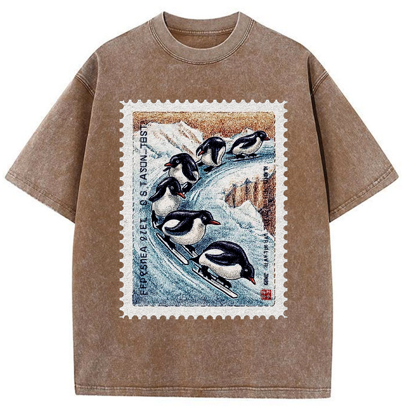 Tokyo-Tiger Gliding Penguin Stamp Washed T-Shirt
