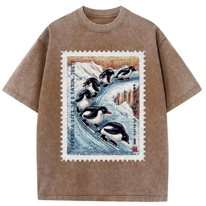 Tokyo-Tiger Gliding Penguin Stamp Washed T-Shirt