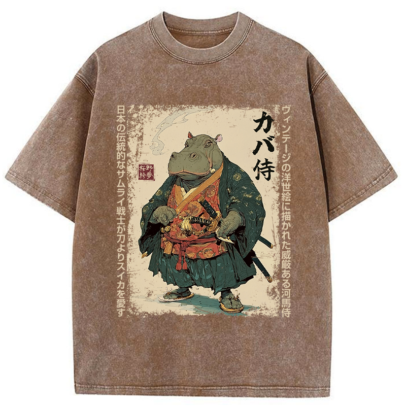 Tokyo-Tiger Samurai Hippo: Slicer of Melons Washed T-Shirt