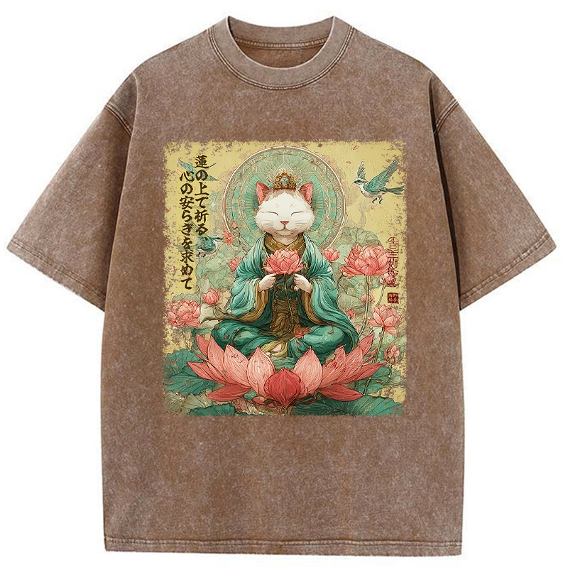Tokyo-Tiger Lotus Whisper Cat:Calm Reflections Washed T-Shirt