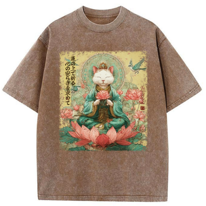 Tokyo-Tiger Lotus Whisper Cat:Calm Reflections Washed T-Shirt