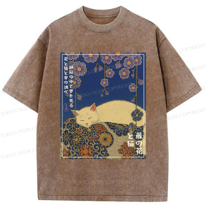 Tokyo-Tiger Ukiyoe Wisteria Flowers and Cats Washed T-Shirt