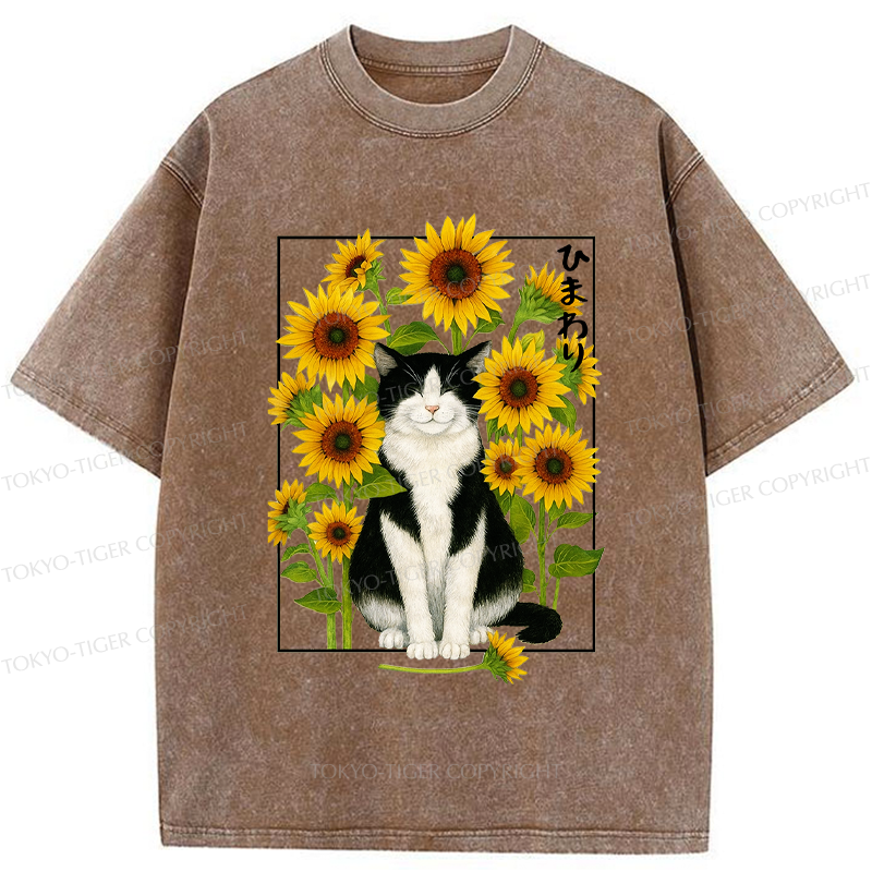 Tokyo-Tiger Funny Sunflower and Cat Poster Washed T-Shirt