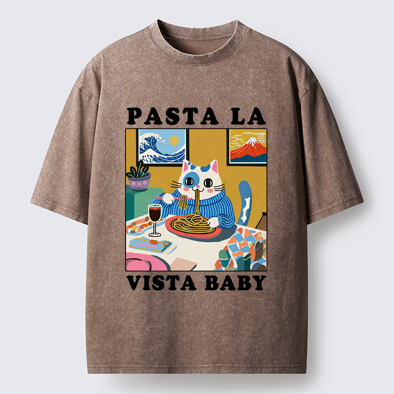 Tokyo-Tiger Wine, Pasta, and Meow Washed T-Shirt