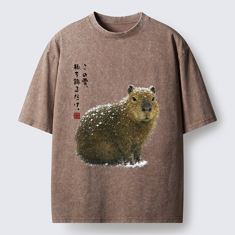 Tokyo-Tiger Snow Adorns Me: Capybara Serenity Washed T-Shirt