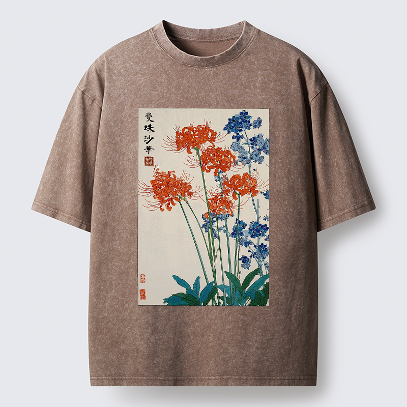 Tokyo-Tiger Red Spider Lily Bloom Washed T-Shirt