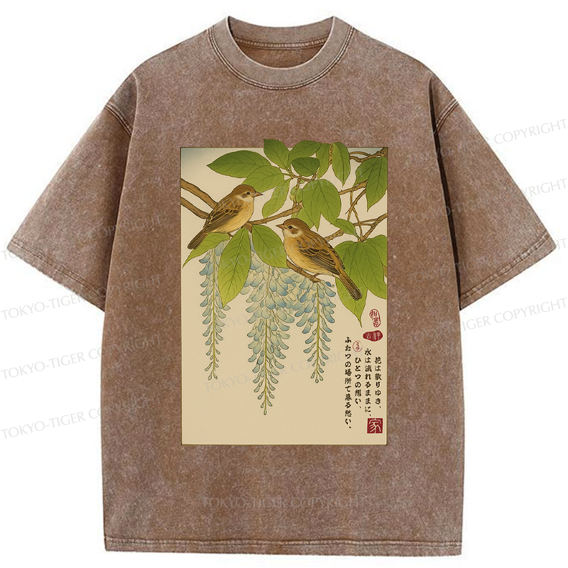 Tokyo-Tiger Ukiyoe Bird on the wisteria treetop Washed T-Shirt