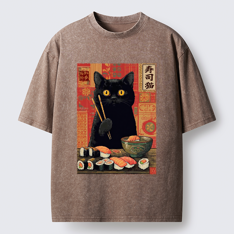 Tokyo-Tiger Neko Eats Sushi Washed T-Shirt