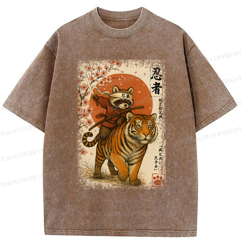 Tokyo-Tiger Ukiyoe Raccoon Samurai Riding a Tiger Washed T-Shirt