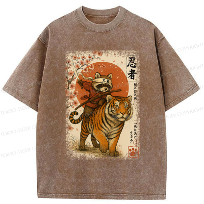 Tokyo-Tiger Ukiyoe Raccoon Samurai Riding a Tiger Washed T-Shirt