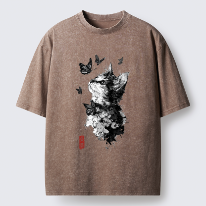 Tokyo-Tiger Butterfly and Cat Gaze Washed T-Shirt