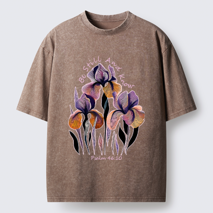 Tokyo-Tiger "Be Still and Know"Psalm 46:10 Iris Floral Washed T-Shirt