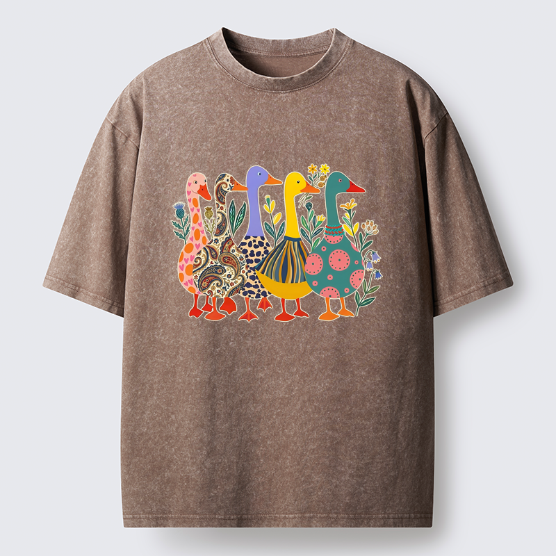 Tokyo-Tiger Whimsical Folk-Art Goose Quintet Washed T-Shirt