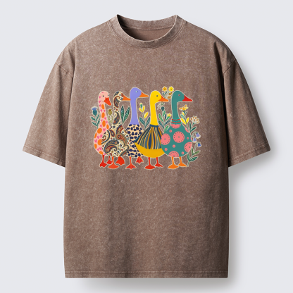 Tokyo-Tiger Whimsical Folk-Art Goose Quintet Washed T-Shirt